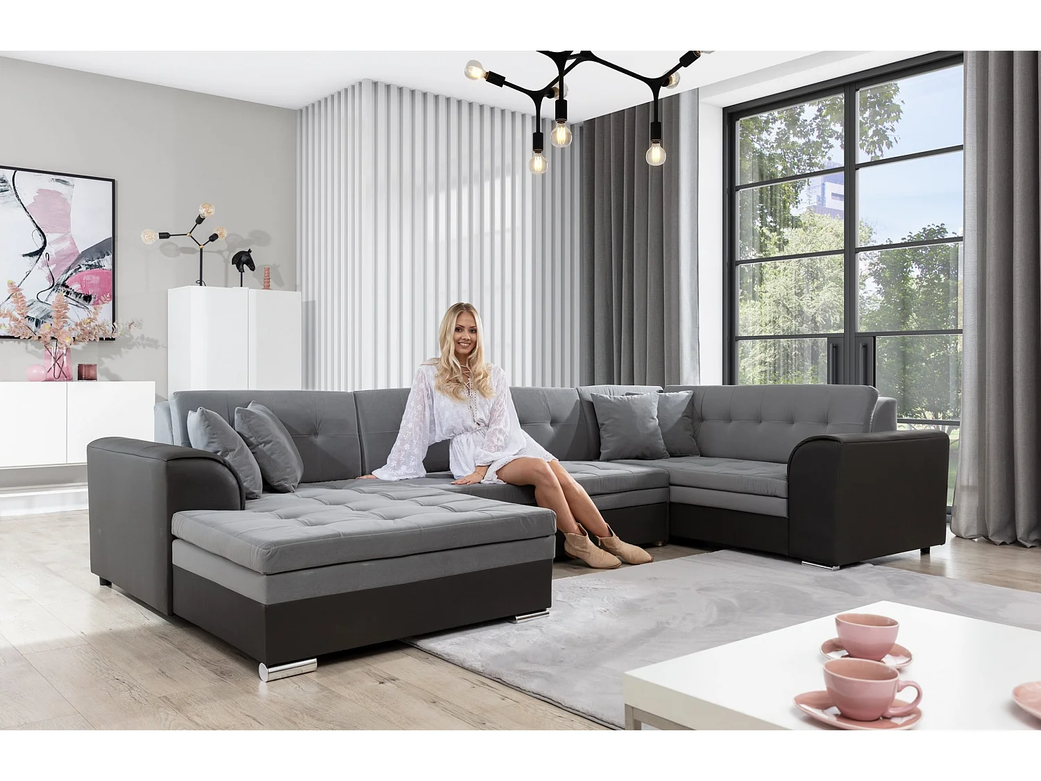 Canapé Corner Olio UL/Tissu-Gris&Blanc/En Stock