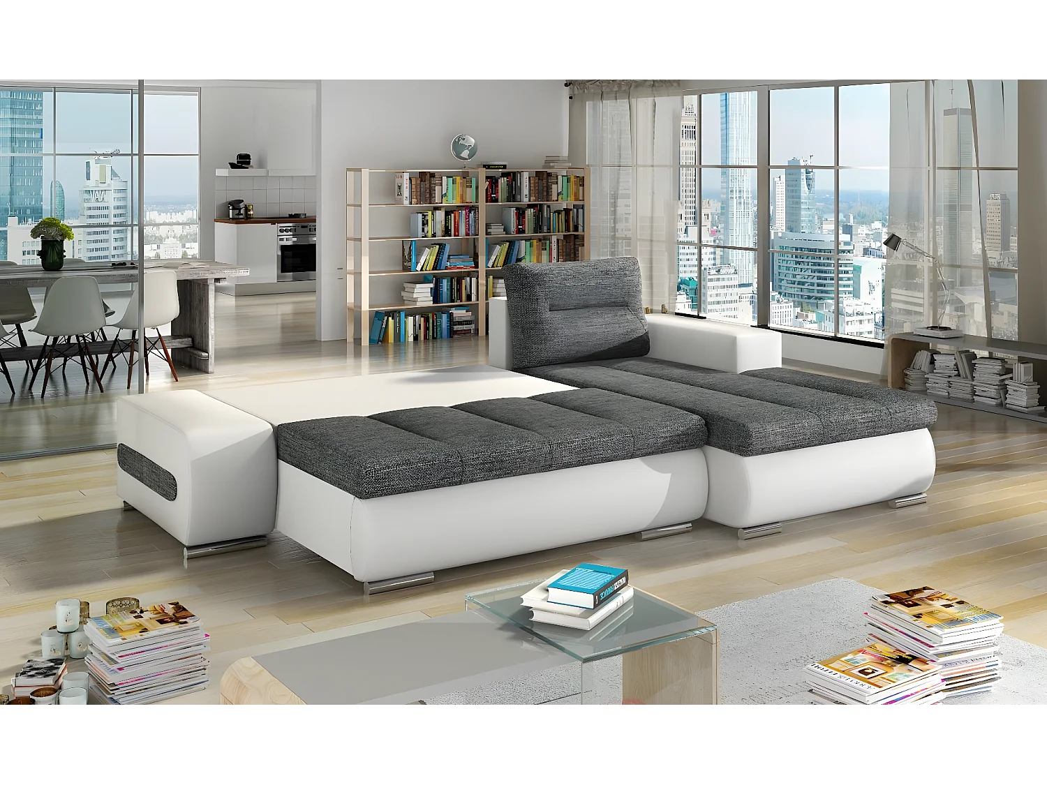 Canapé Corner Legero R/Tissu/Gris&Blanc/En stock