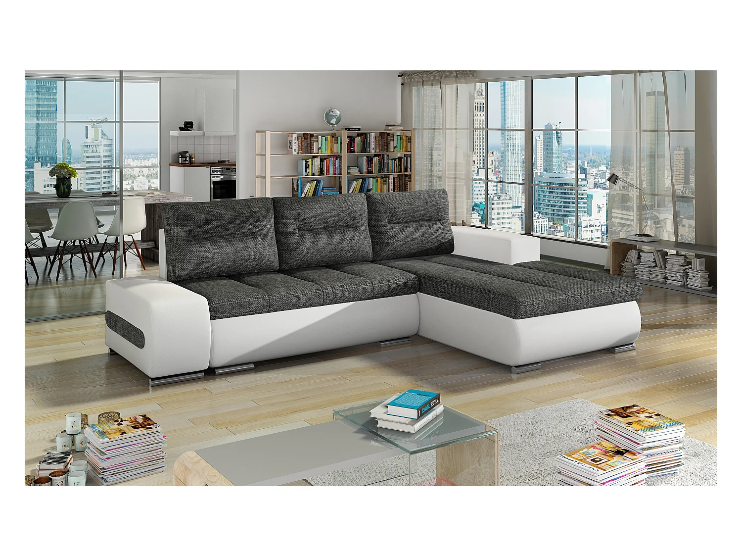 Canapé Corner Legero R/Tissu/Gris&Blanc/En stock