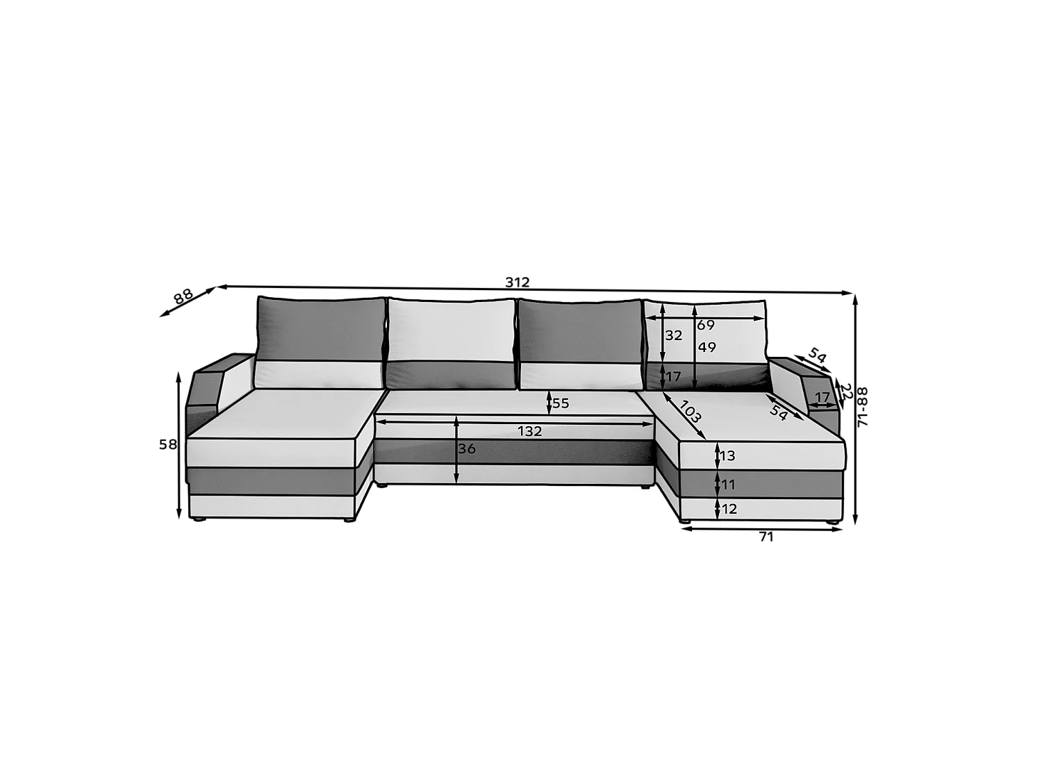 Ecksofa Pavilon-U/Stoff-Braun