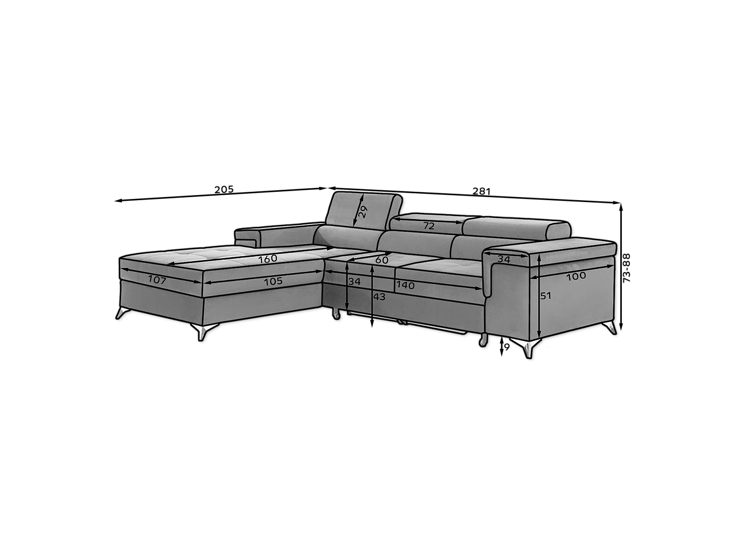 Ecksofa Lucca R/Stoff-Schwarz