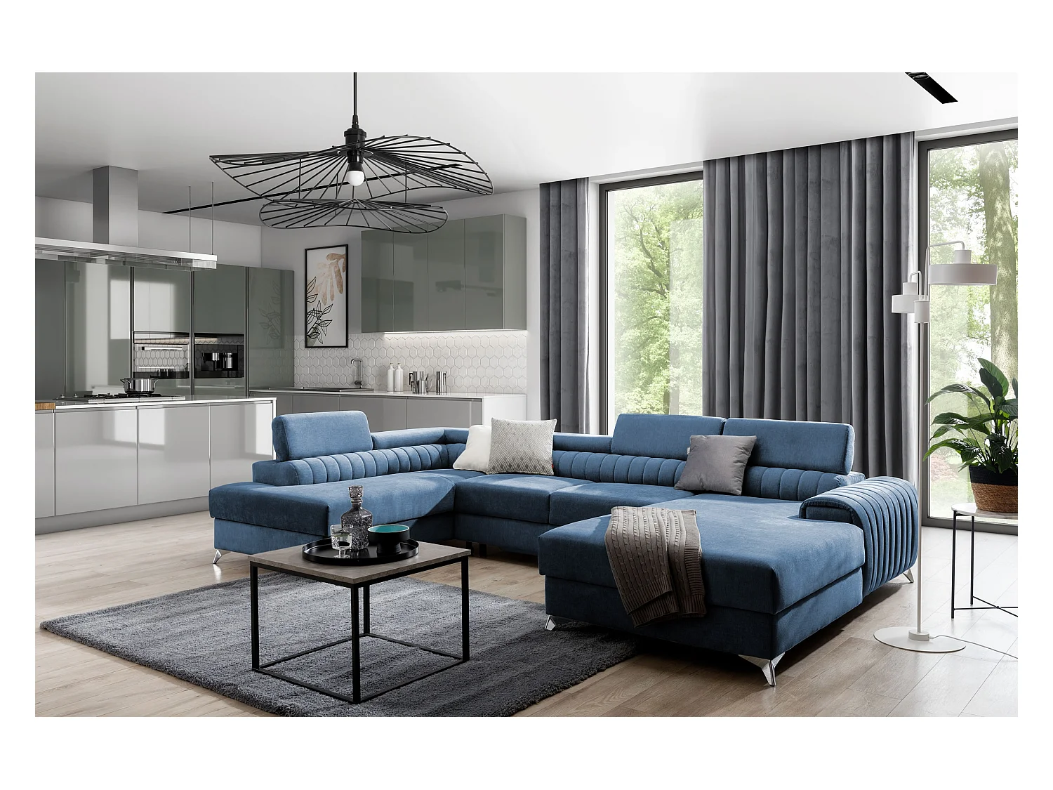 Divano d'angolo Exklusivo UL/Tessuto-Blu