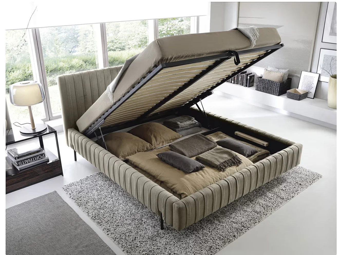 Lit coffre Plika prestige – Design et tissu pour un confort absolu-Couleur Marron clair-180x200