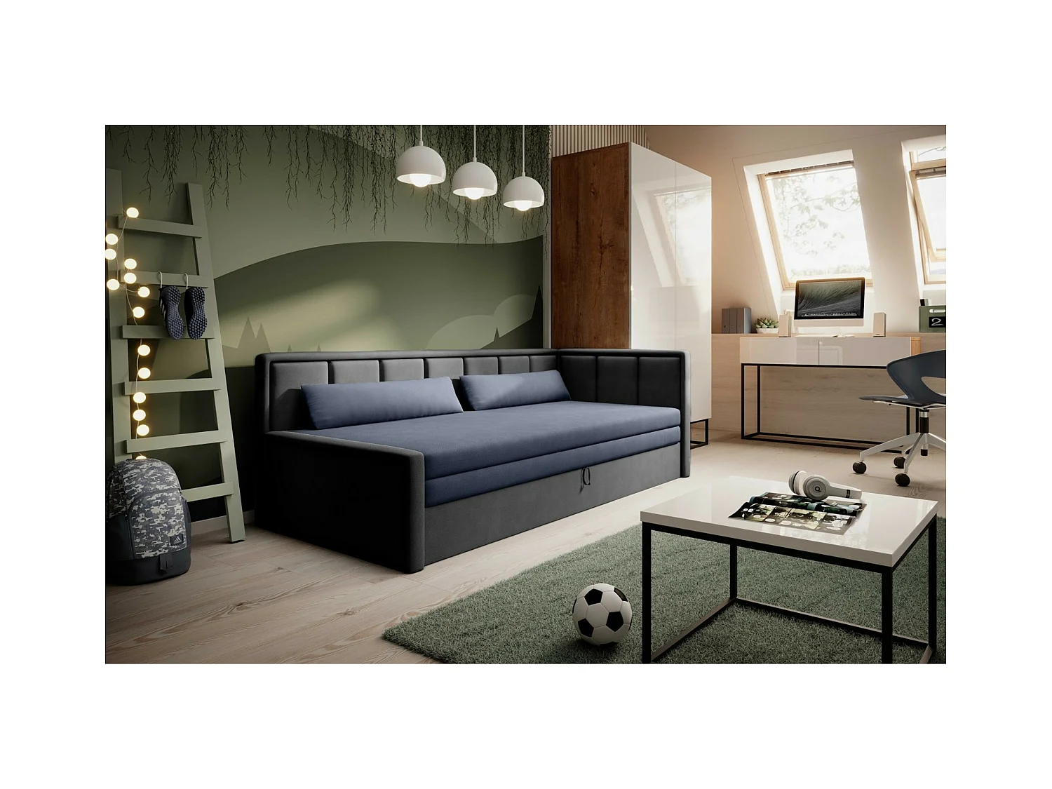 Canapé Hugo L/Housse en tissu/Bleu et anthracite