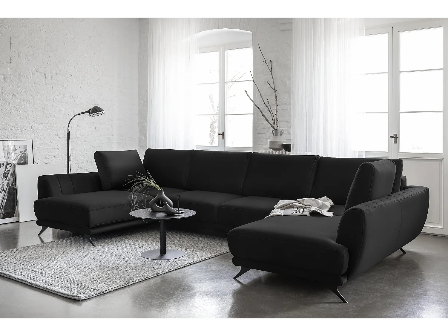 Ecksofa London-U/Stoff-Schwarz