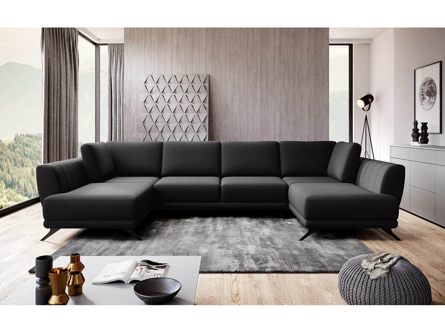 Ecksofa London-U/Stoff-Schwarz