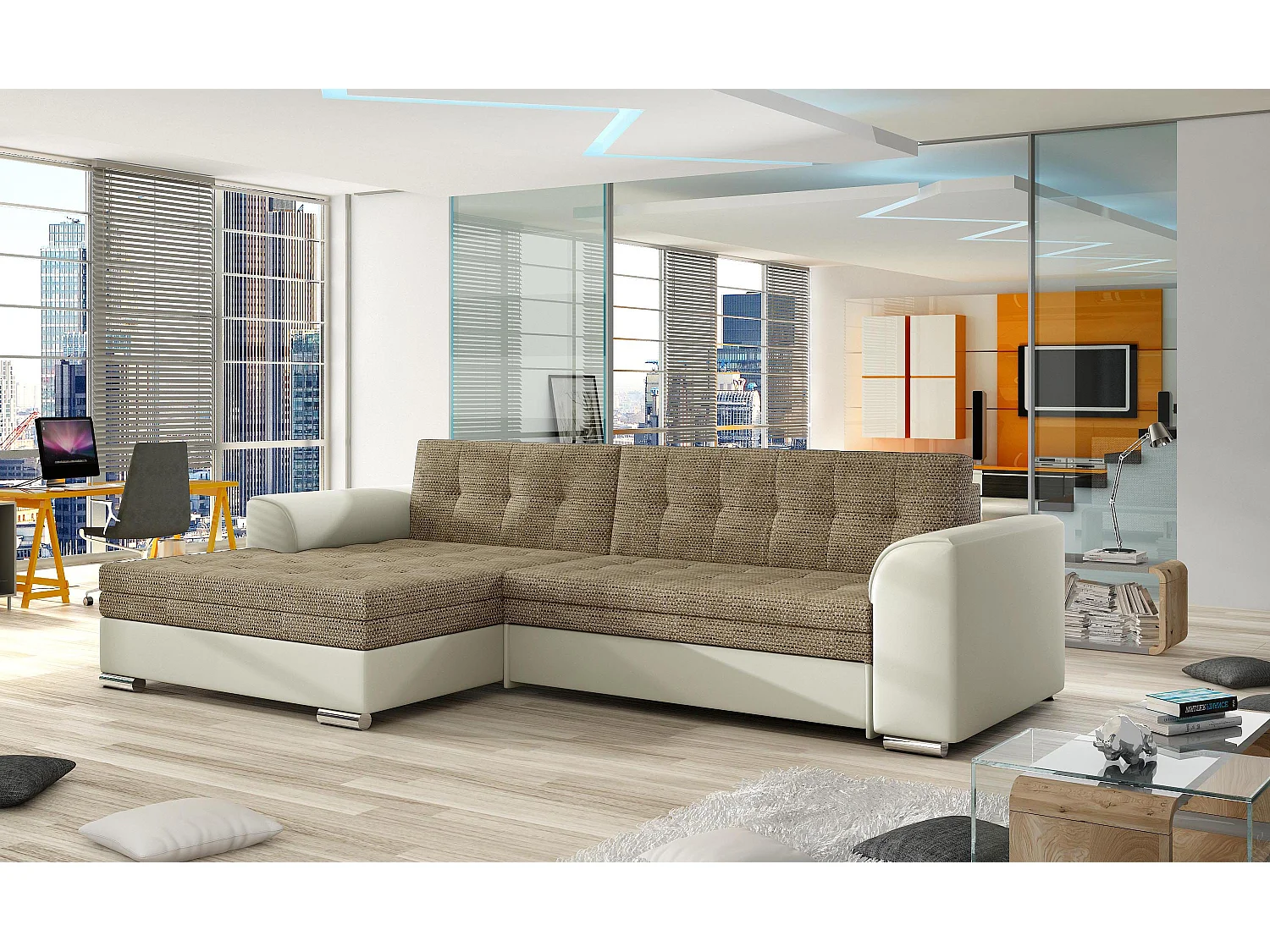 Canapé Corner Merati L/Tissu/Beige&Marron