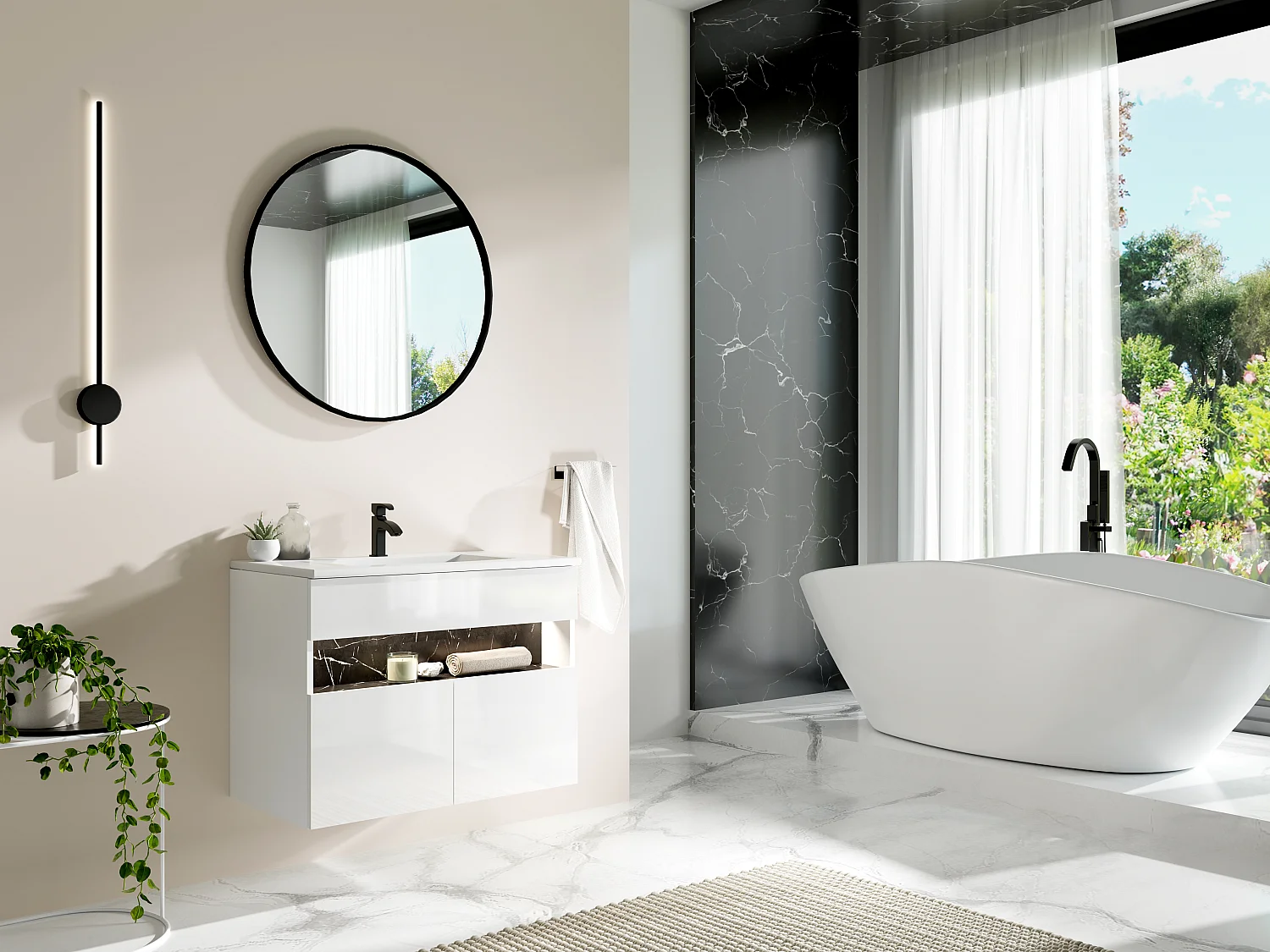 Mueble de baño con luces LED - Blanco y negro efecto mármol - Ancho 80 cm - POZEGA