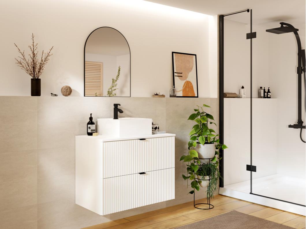 Mueble flotante para lavabo estriado - blanco - Ancho 80 cm - ZEVINI