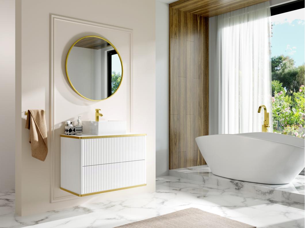 Mueble de baño flotante con rayas con ribetes dorados - blanco - Ancho 80 cm - KELIZA