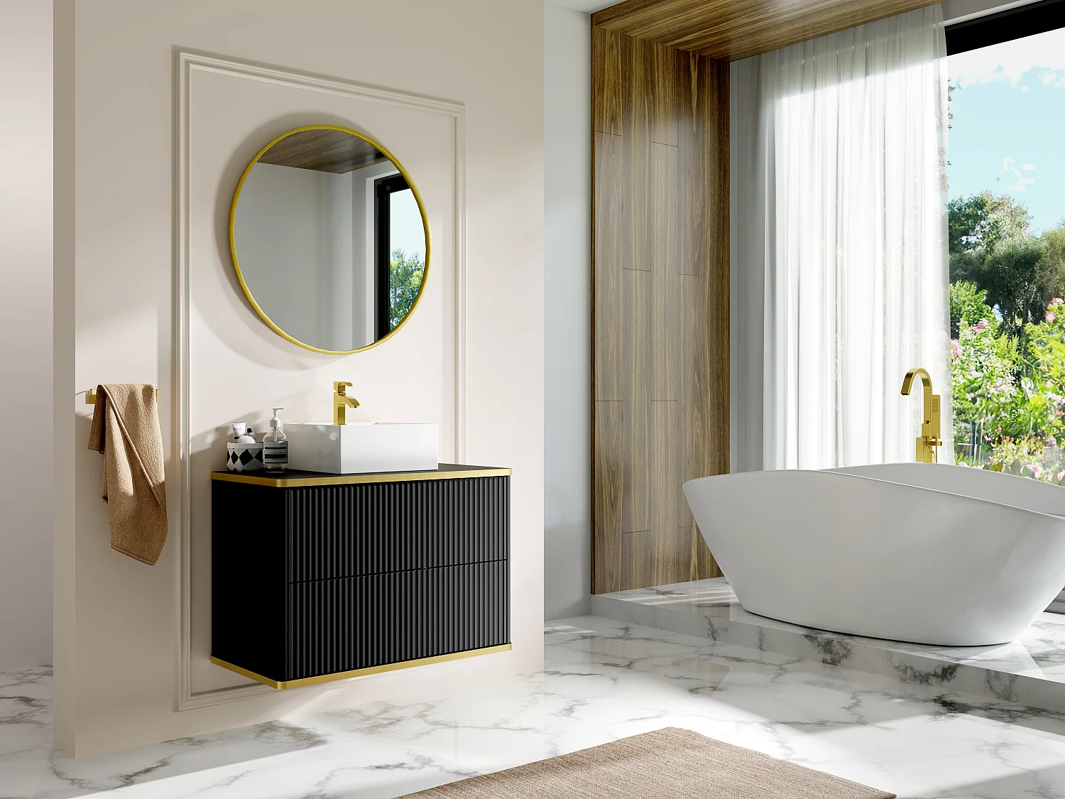 Mueble de baño estriado con ribete dorado - Negro - Ancho 80 cm - KELIZA