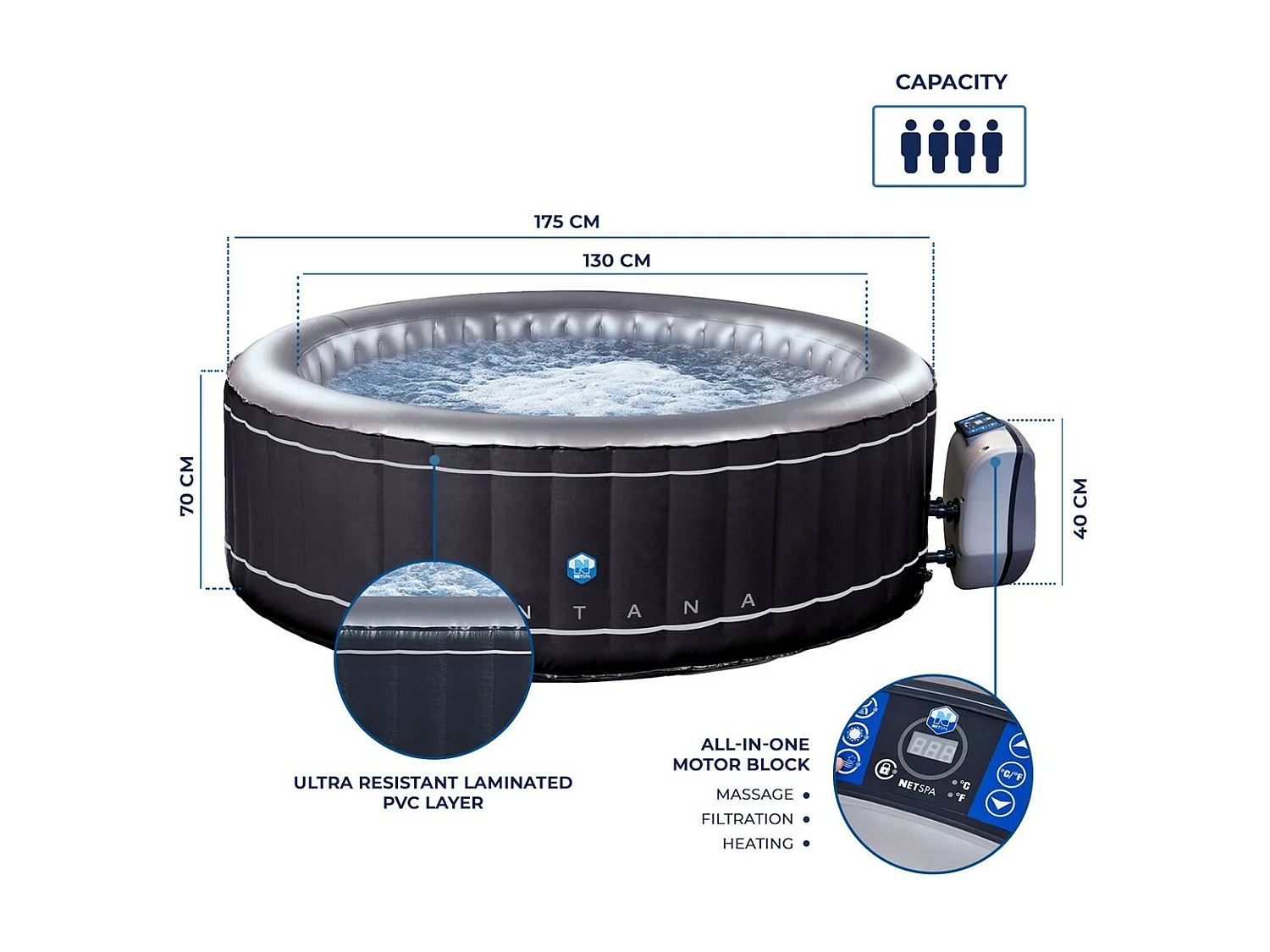 NETSPA Spa gonfiabile rotonda Montana - 4 posti a sedere - diametro 175 x altezza 70 cm - Posti a sedere 4