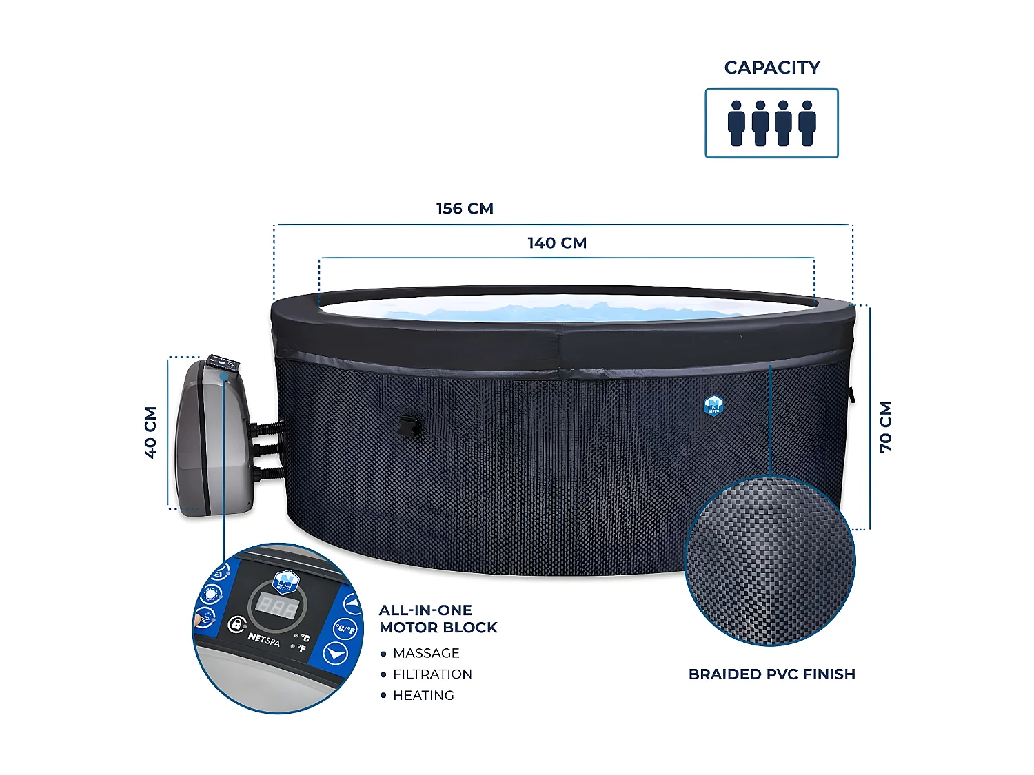 NETSPA - SP-VIP140MOB2 - NetSpa Vita 4 plazas + Mueble - SPA Semi Rígido - Redondo