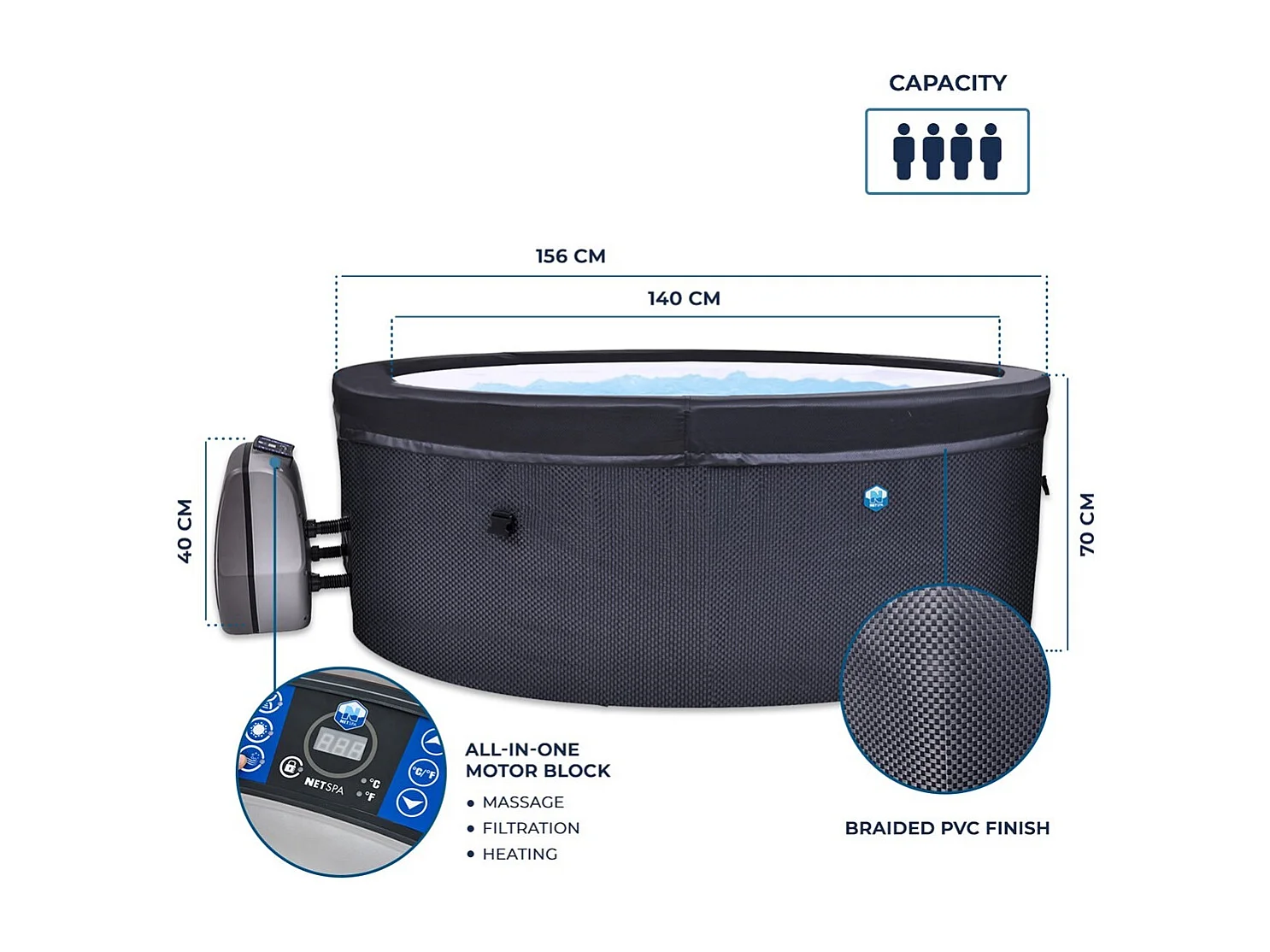 NETSPA - SP-VIP140MOB2 - NetSpa Vita 4 places + Mobilier - SPA Semi Rigide - Rond