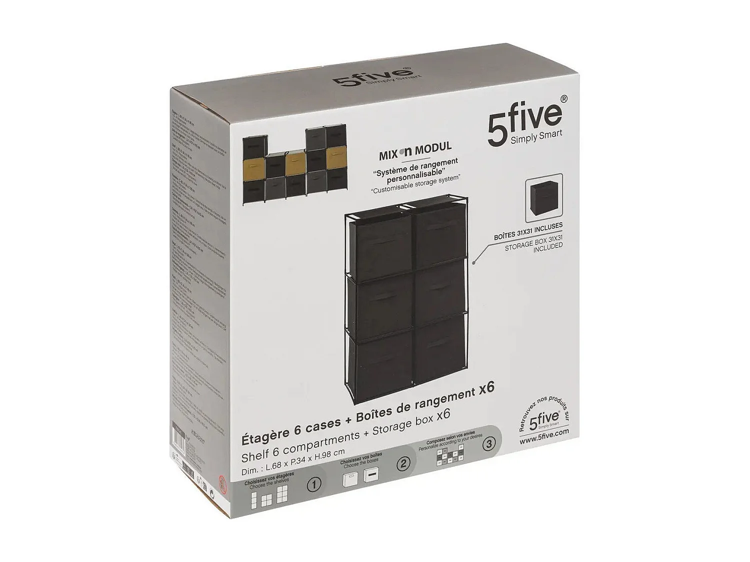 Meuble Etagère 6 cases avec 6 boîtes de rangement H 98 cm