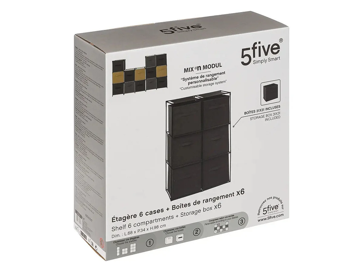 Meuble Etagère 6 cases avec 6 boîtes de rangement H 98 cm