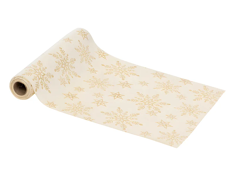 Chemin de table Tissu en Velours Blanc avec Flocons pailletés dorés 28 x 300 cm