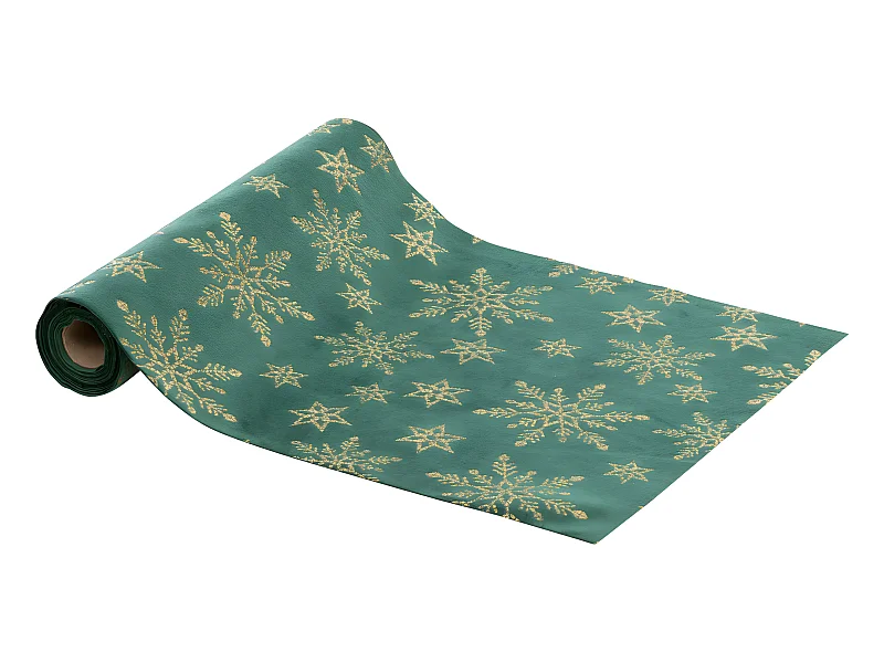 Chemin de table Tissu en Velours Vert avec Flocons pailletés dorés 28 x 300 cm