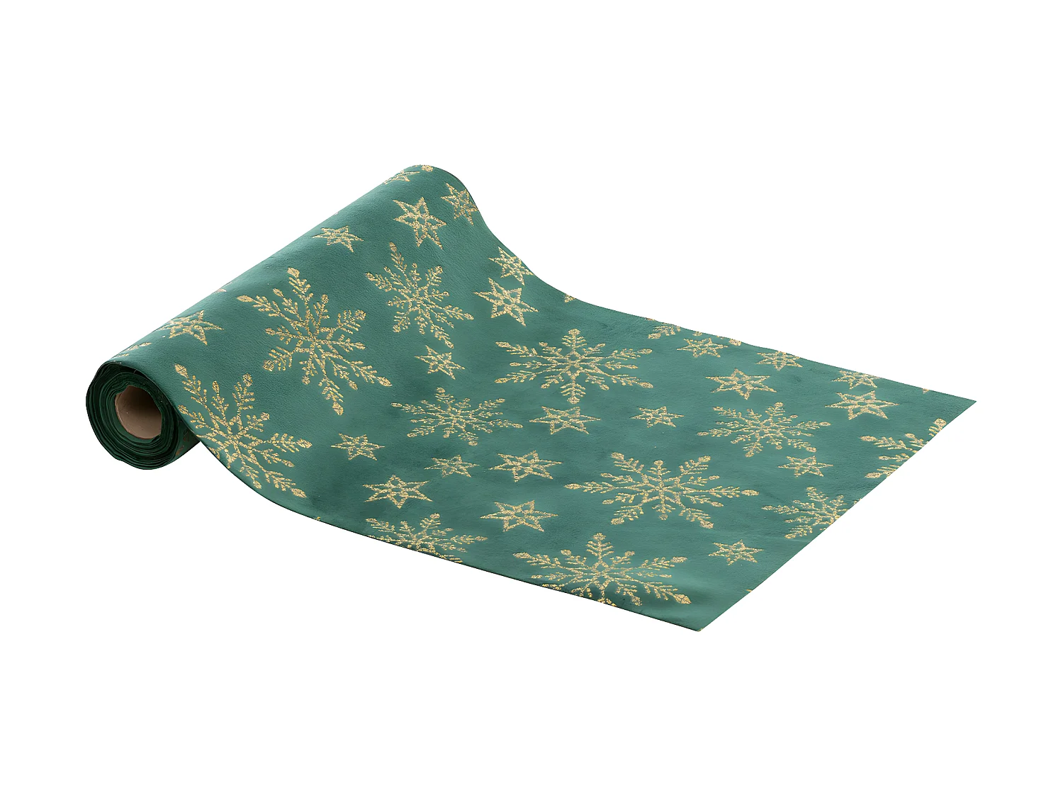 Chemin de table Tissu en Velours Vert avec Flocons pailletés dorés 28 x 300 cm