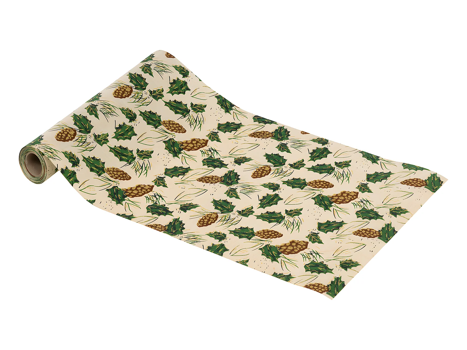 Chemin de table Tissu Beige avec Pommes de pin et feuilles de Houx 28 x 300 cm