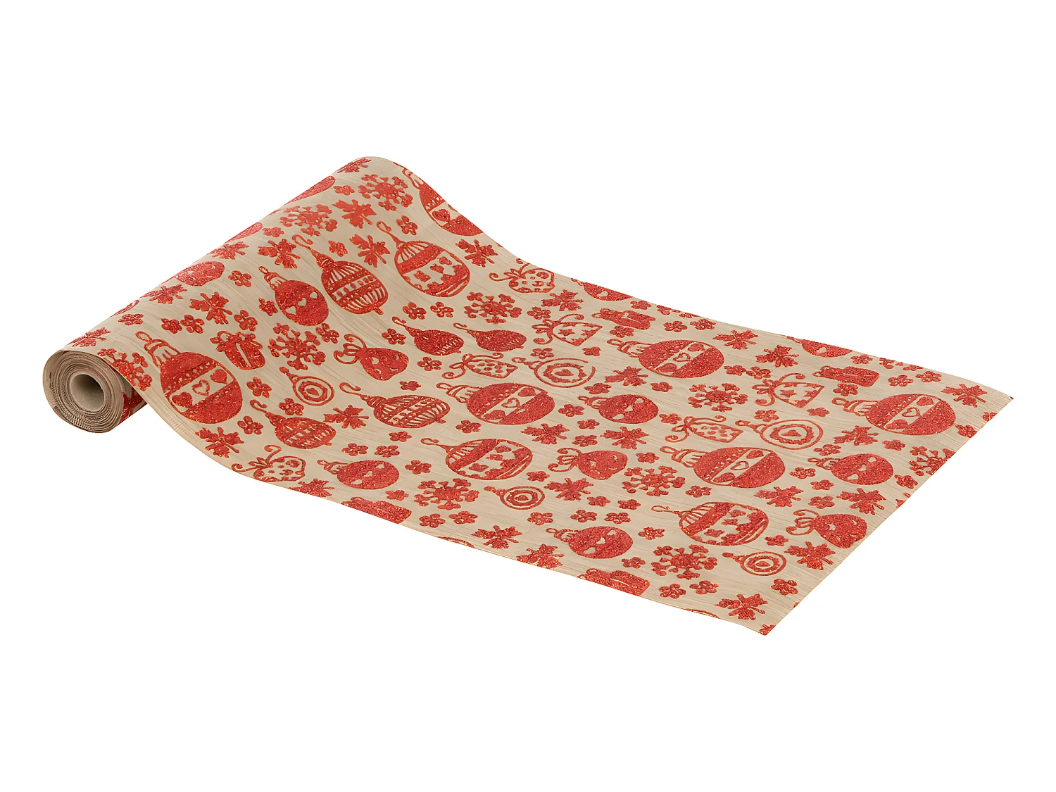 Chemin de table Tissu Beige avec Boules de noël Rouge pailleté 28 x 300 cm