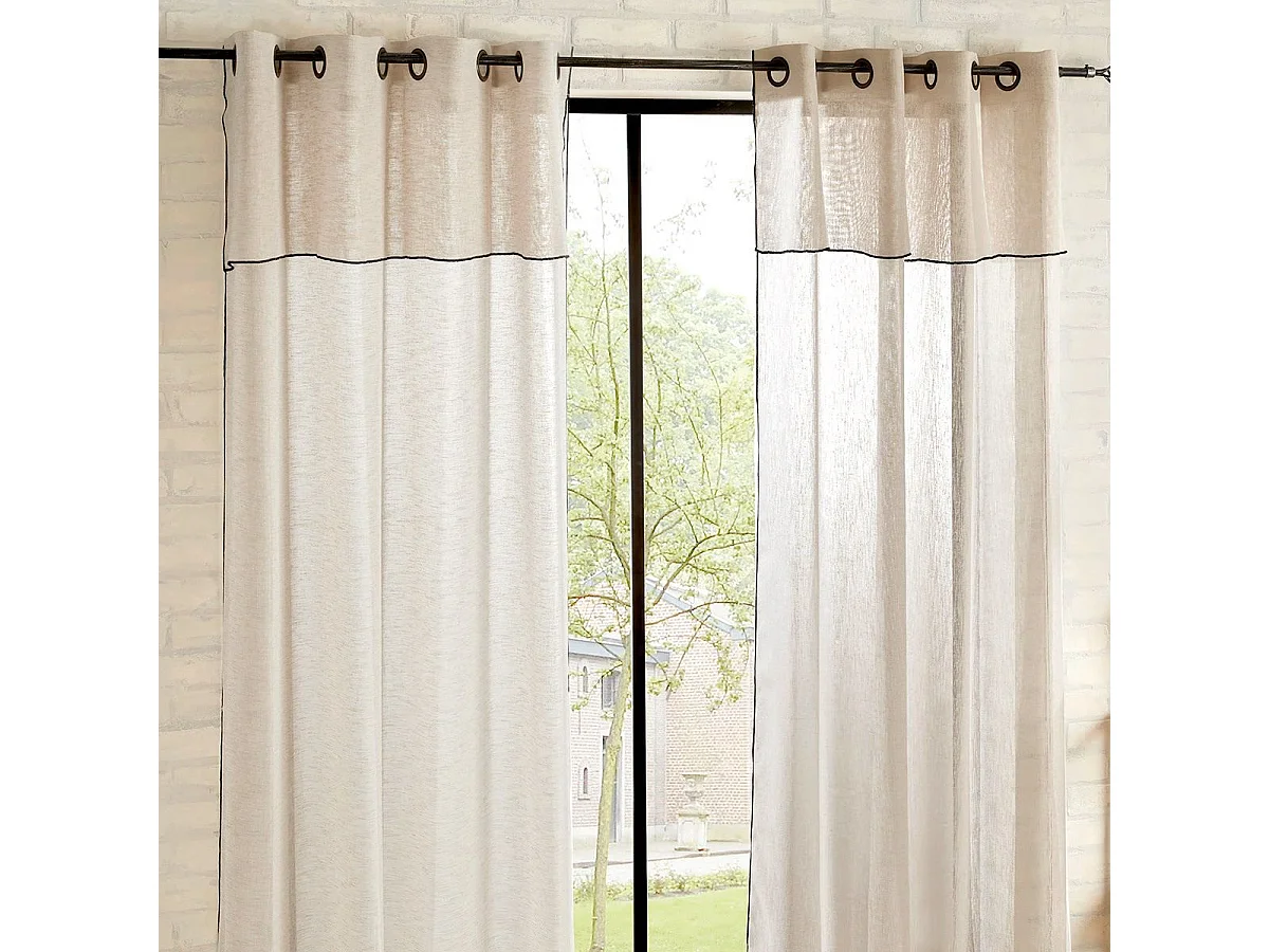 Voilage à œillets Beige Lin avec volant et liseré Noir 140 x 240 cm