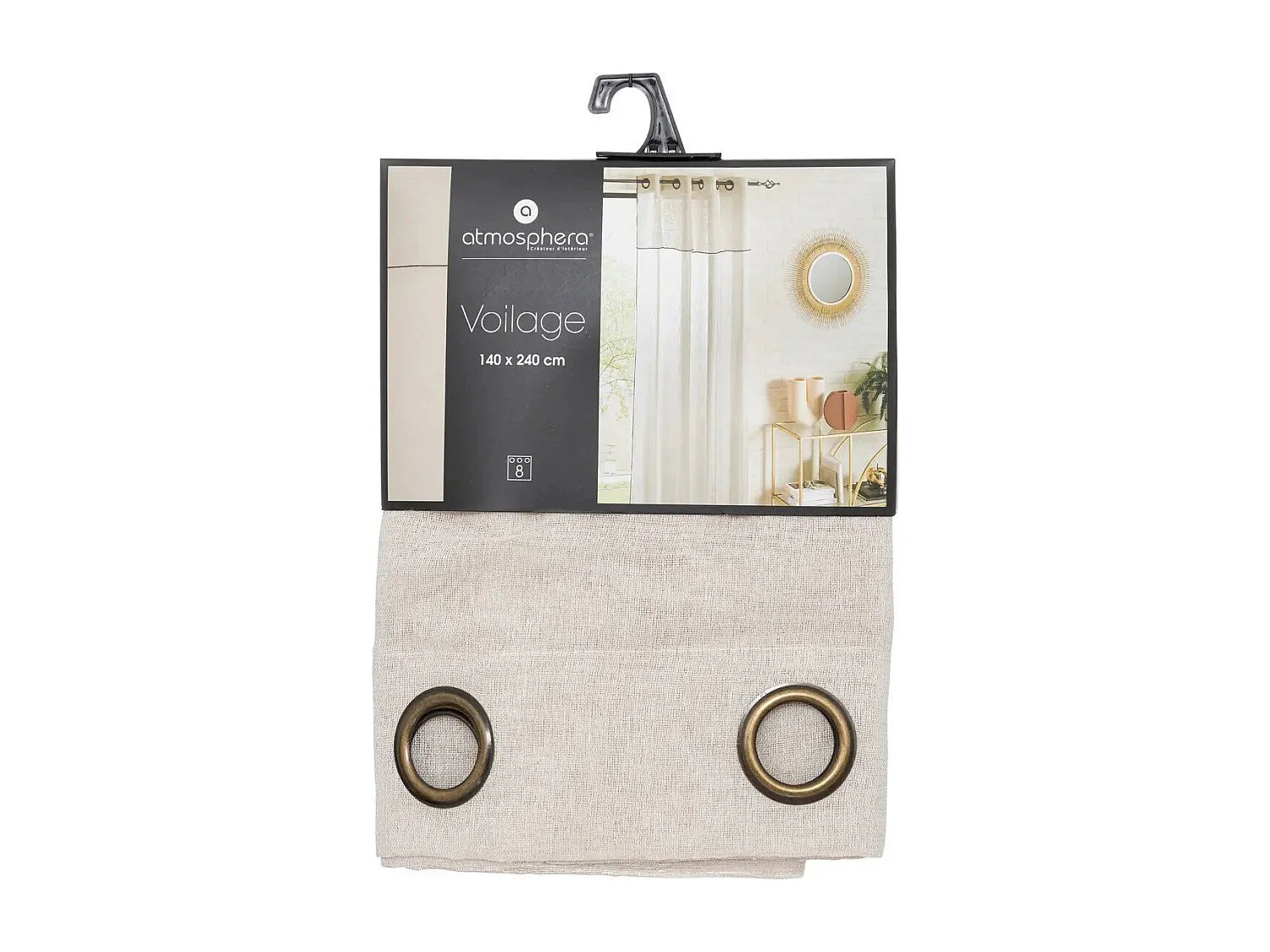 Voilage à œillets Beige Lin avec volant et liseré Noir 140 x 240 cm