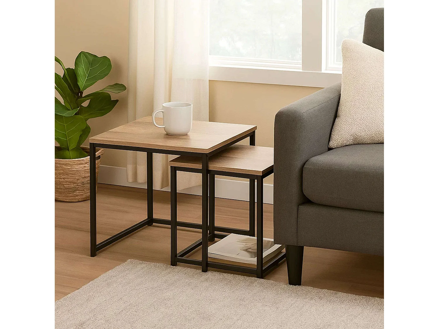 Set de 2 mesitas auxiliares Aliaj madera/metal roble