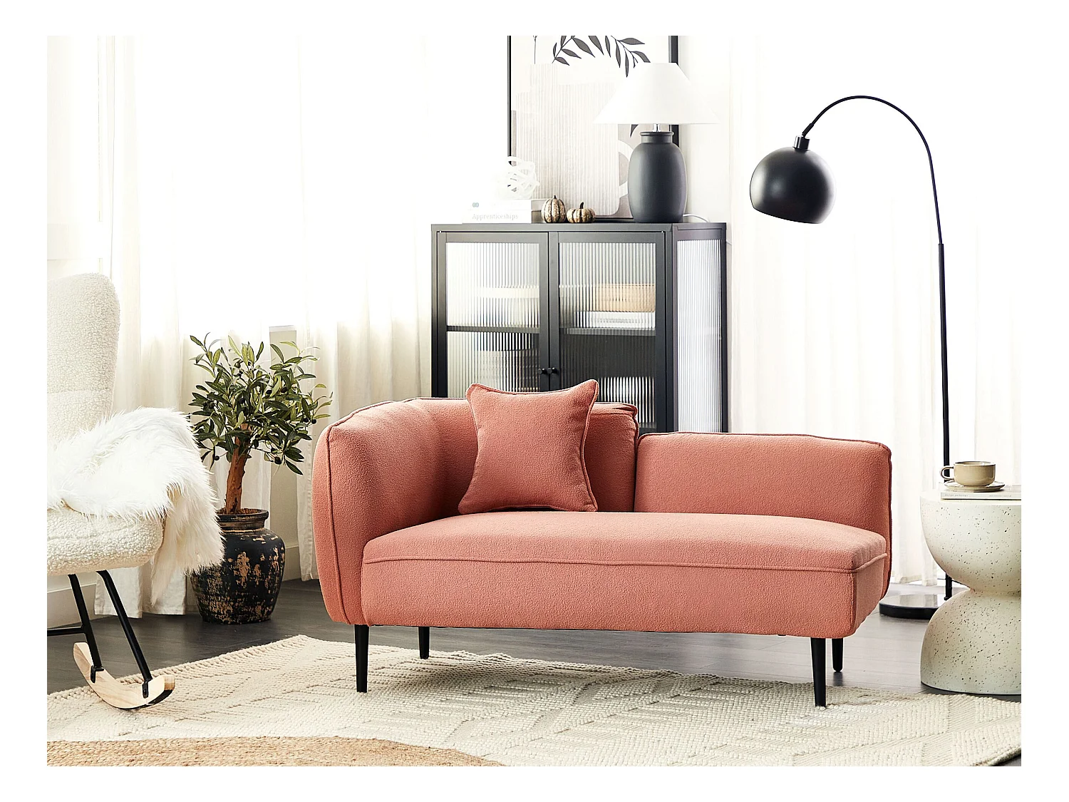 Chaise longue côté droite CHEVANNES Bouclé Rose pêche