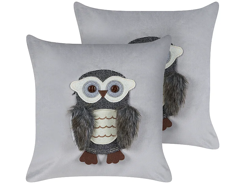 Dekokissen 2er Set Samtstoff grau 45 x 45 cm Eule Motiv Kinderzimmer Ophrys