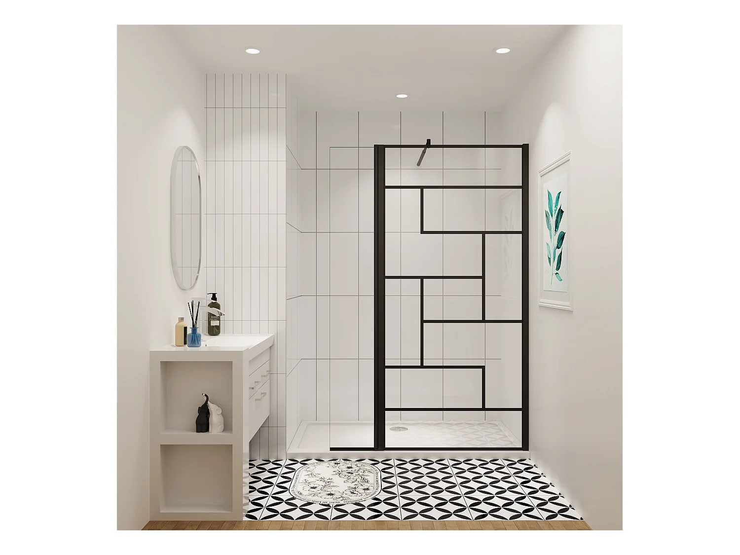 AICA paroi de douche industrielle noire 100x200cm avec un retour pivotant 40cm livré avec une barre de stabilisation 90cm
