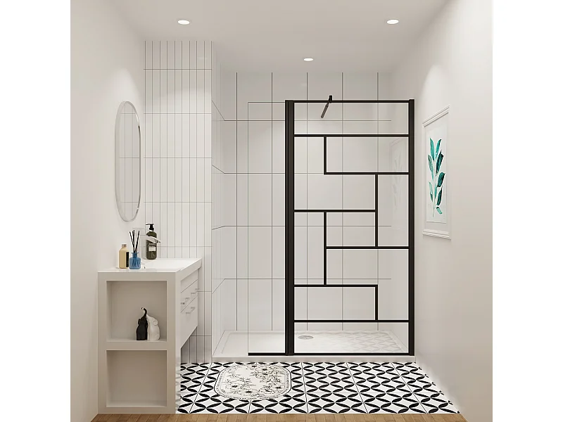 AICA paroi de douche industrielle noire 90x200cm avec un retour pivotant 40cm livré avec une barre de stabilisation 90cm