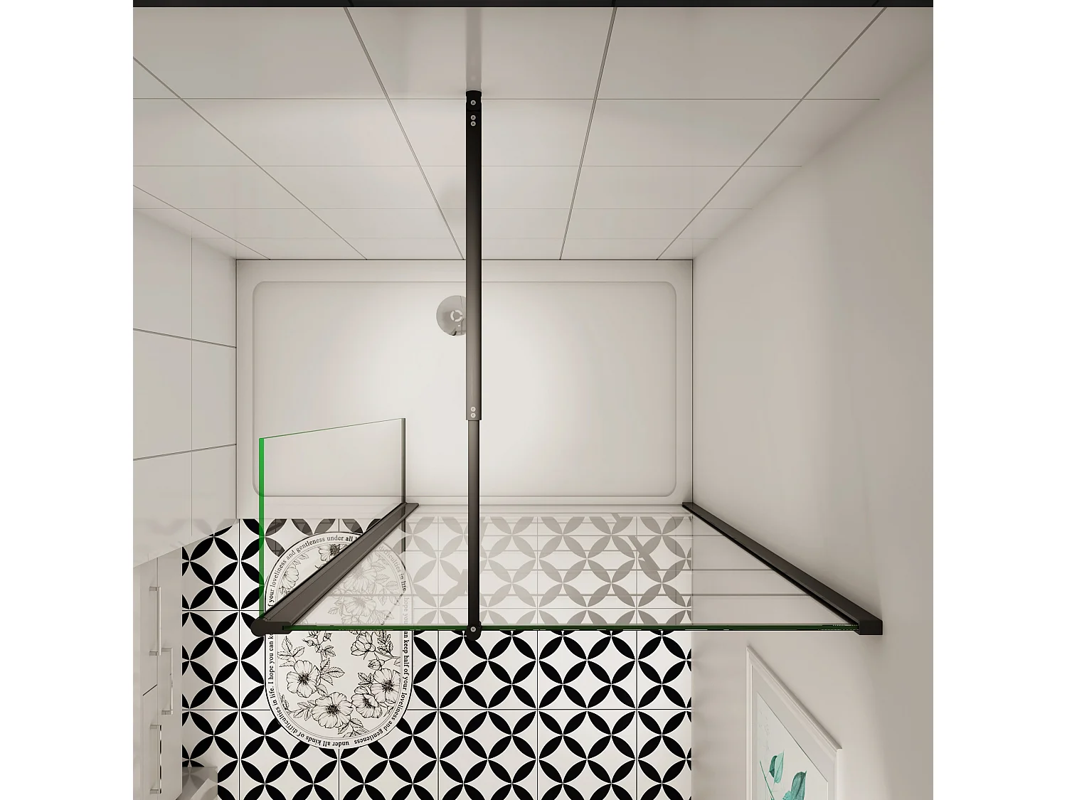 AICA zwarte industriële douchewand 90x200cm met een 40cm draaipunt retour geleverd met een 90cm stabilisatiestang