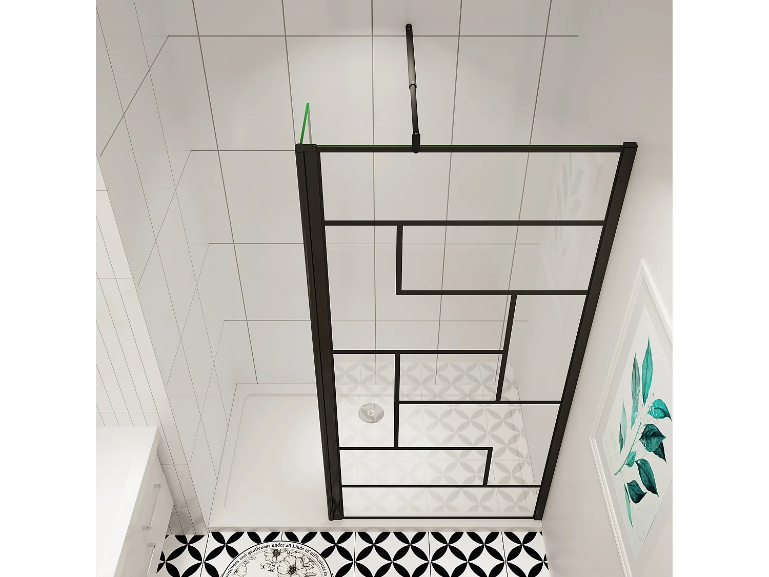 AICA zwarte industriële douchewand 90x200cm met een 40cm draaipunt retour geleverd met een 90cm stabilisatiestang