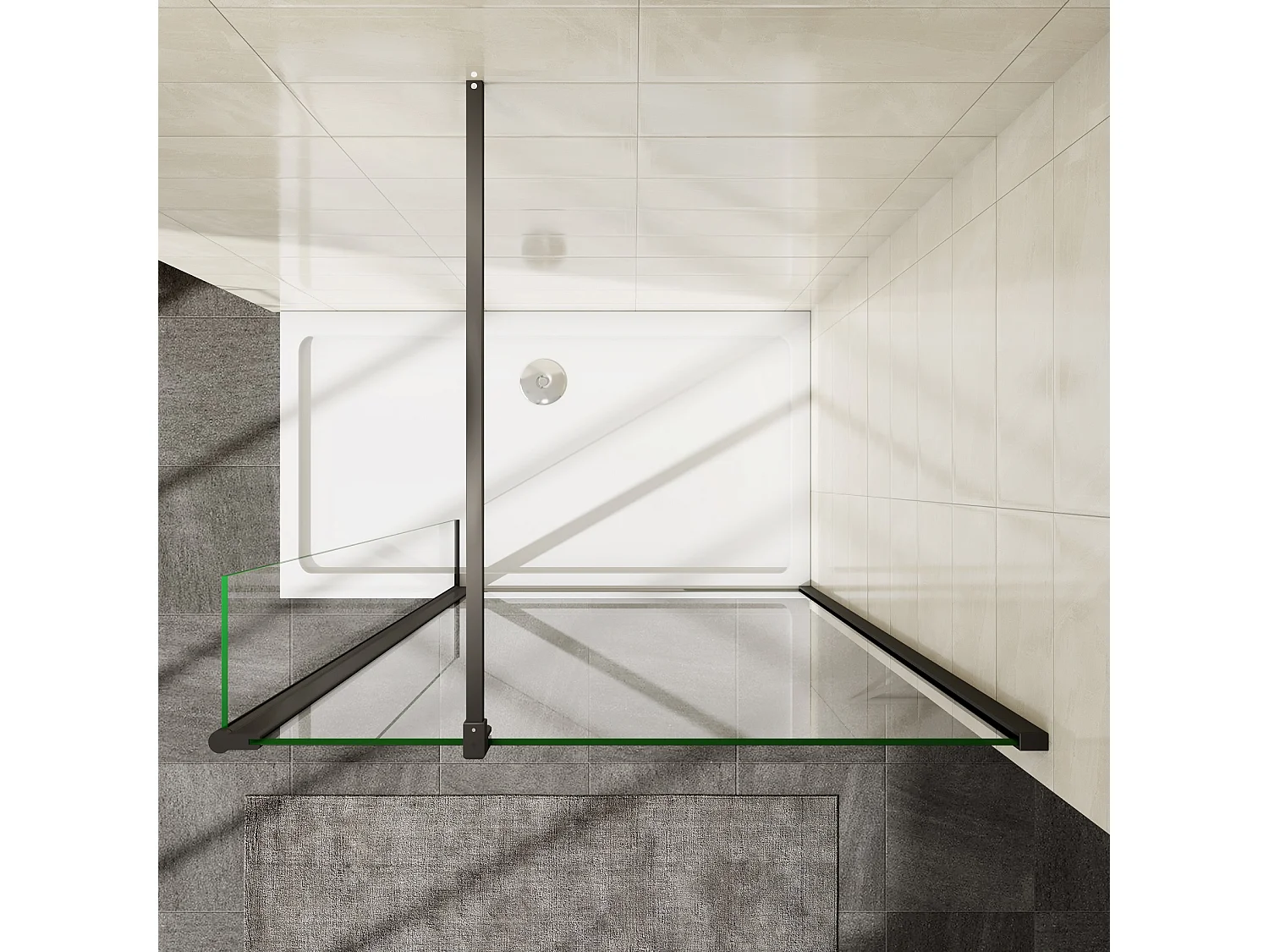 AICA zwarte industriële douchewand 120x200cm met een 30cm draaipunt retour geleverd met een 90cm stabilisatiestang