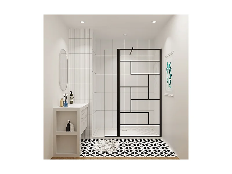 AICA paroi de douche industrielle noire 140x200cm avec un retour pivotant 40cm livré avec une barre de stabilisation 90cm