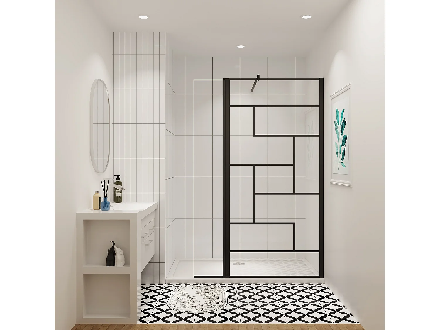 AICA zwarte industriële douchewand 80x200cm met een 40cm draaipunt retour geleverd met een 90cm stabilisatiestang