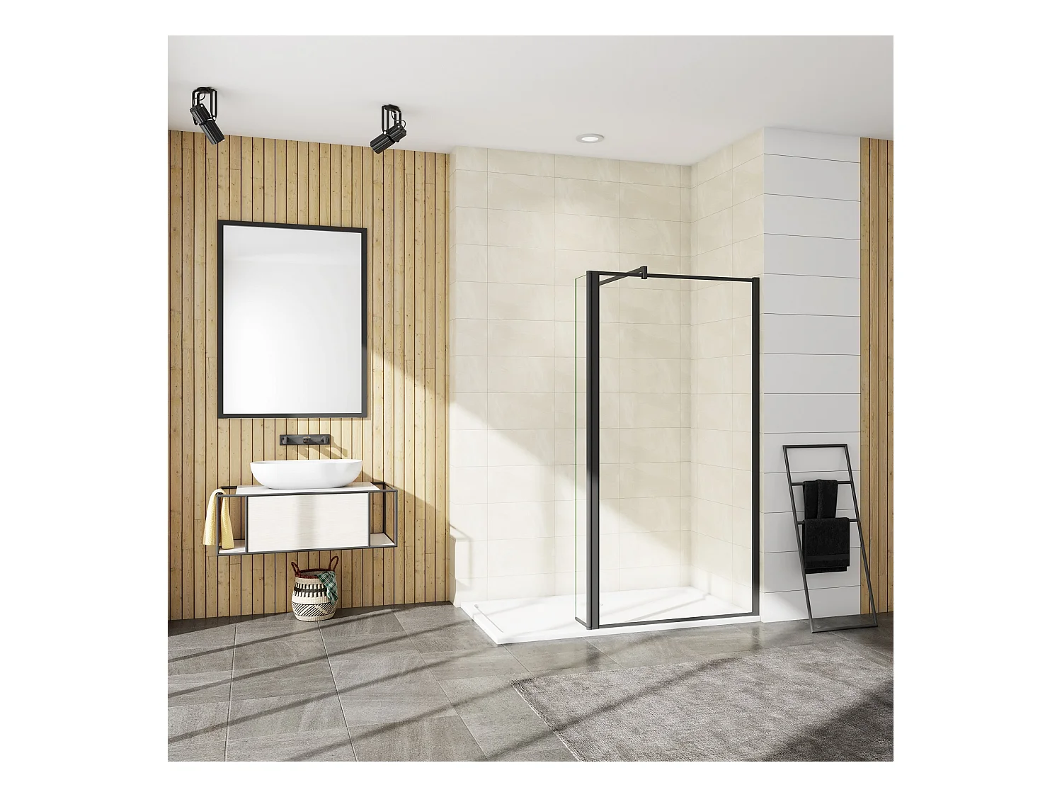 AICA paroi de douche industrielle noire 100x200cm avec un retour pivotant 30cm livré avec une barre de stabilisation 90cm