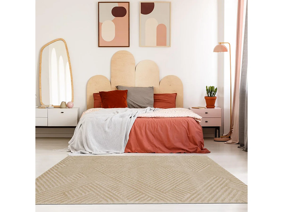 tapis salon 120x160 tissé beige rectangle motif géométrique CEROTEO