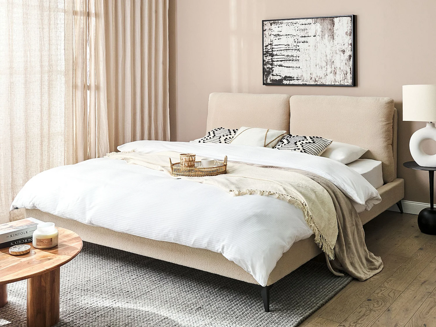 Polsterbett Bouclé beige Lattenrost 180 x 200 cm hohes Kopfteil Metallfüße Melle