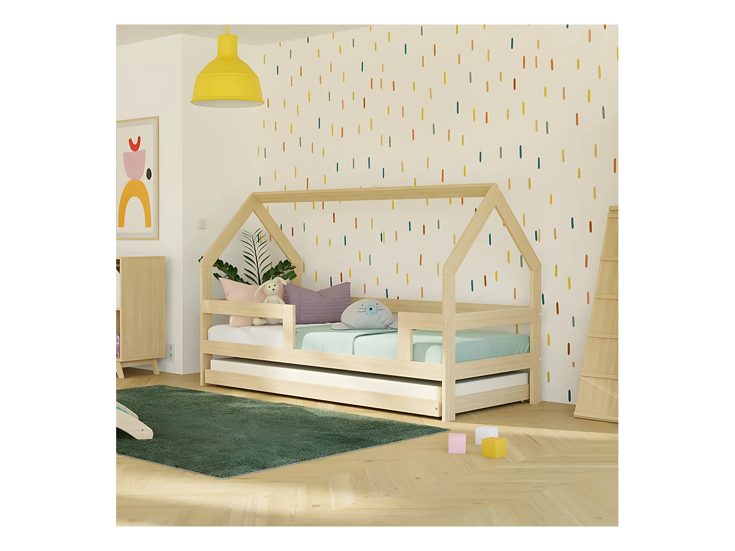 Lit cabane 90x190 sommier et lit tiroir inclus Safe - Bois
