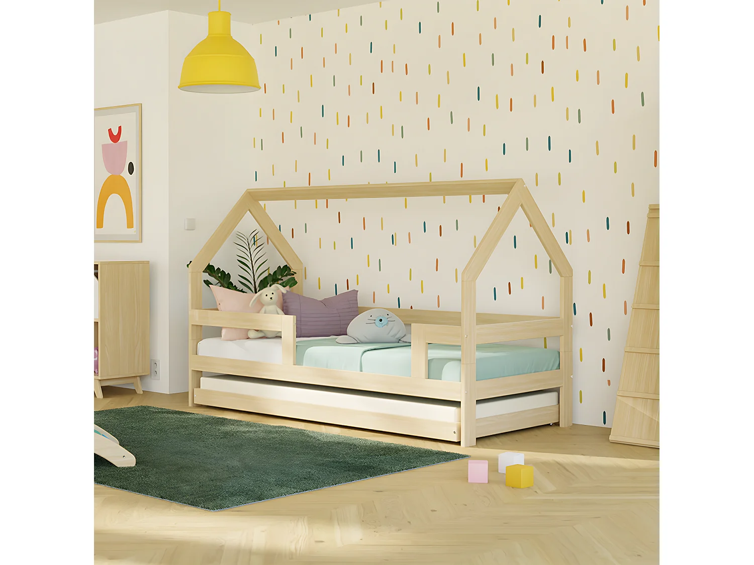 Lit cabane 90x190 sommier et lit tiroir inclus Safe - Bois