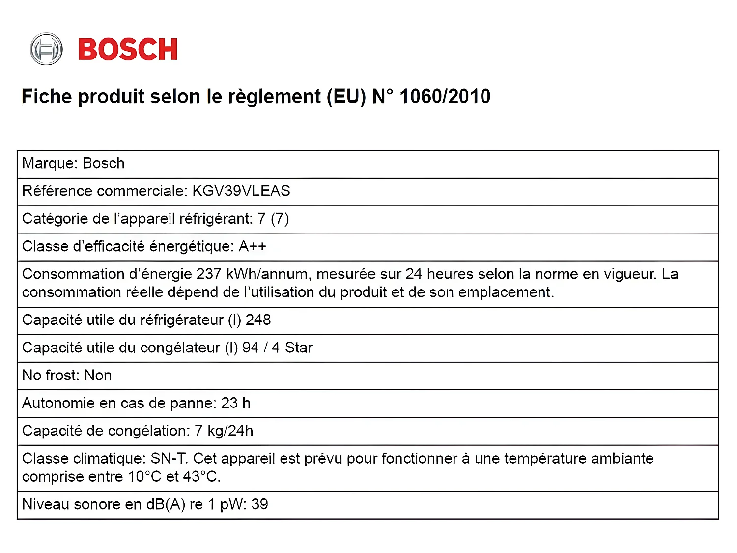 Bosch Réfrigérateur combiné 60cm 342l lowfrost inox - kgv39vleas