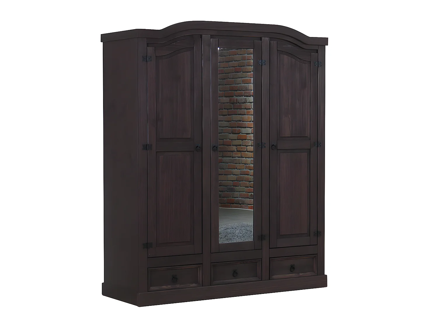 New Mexico Armoire 3 portes avec une porte miroir, 2 portes lambrissées et 3 tiroirs, finition ciré en style colonial.