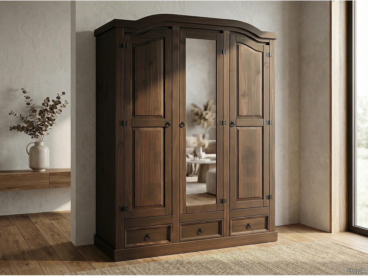 New Mexico Armoire 3 portes avec une porte miroir, 2 portes lambrissées et 3 tiroirs, finition ciré en style colonial.