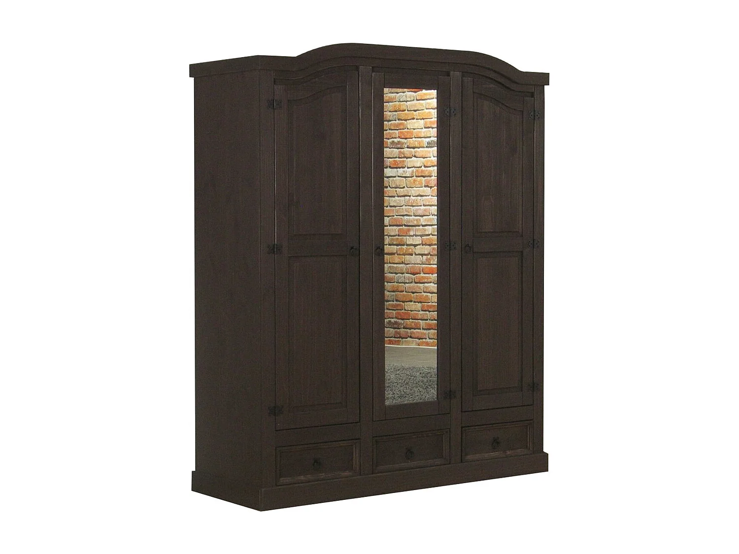 New Mexico Armoire 3 portes avec une porte miroir, 2 portes lambrissées et 3 tiroirs, finition ciré en style colonial.