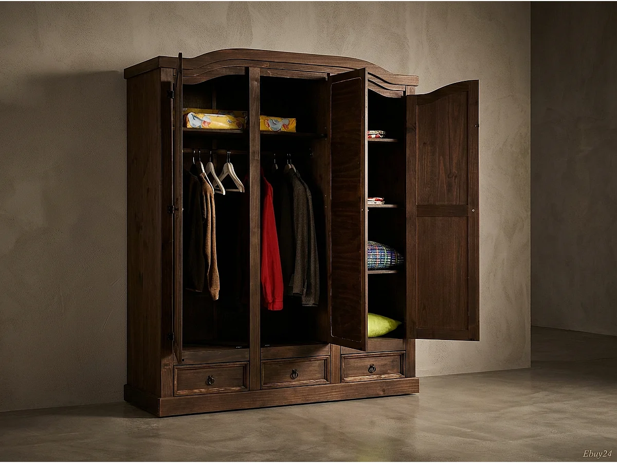 New Mexico Armoire 3 portes avec une porte miroir, 2 portes lambrissées et 3 tiroirs, finition ciré en style colonial.