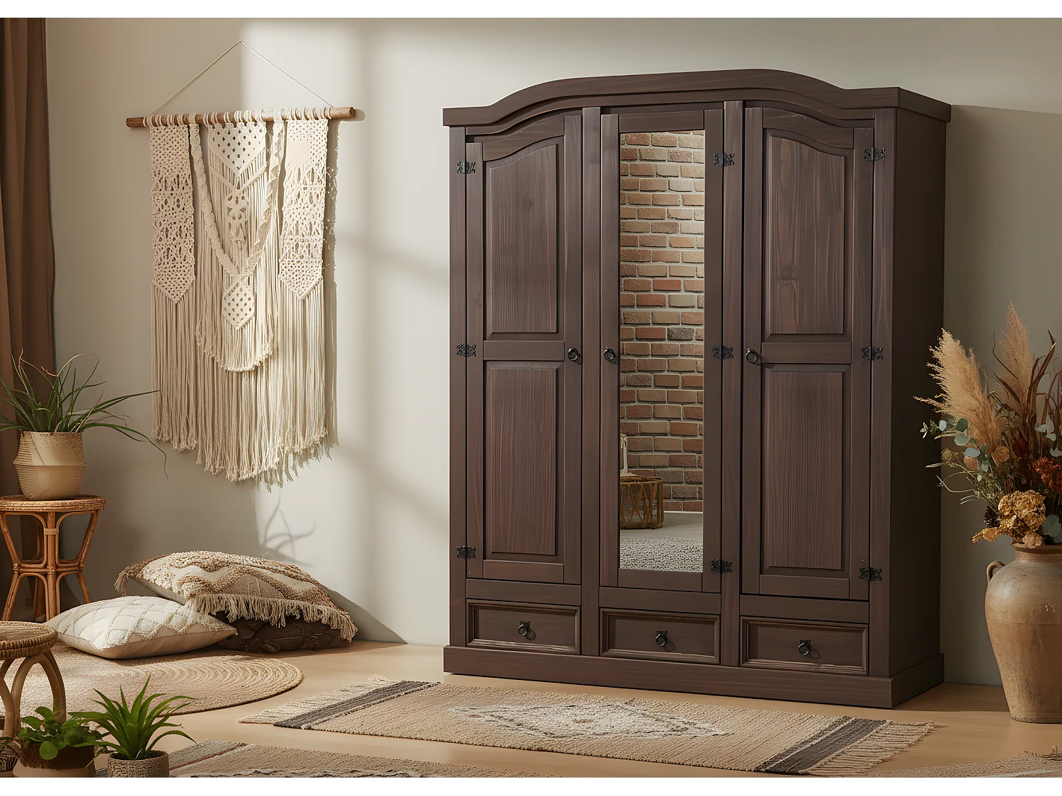 New Mexico Armoire 3 portes avec une porte miroir, 2 portes lambrissées et 3 tiroirs, finition ciré en style colonial.