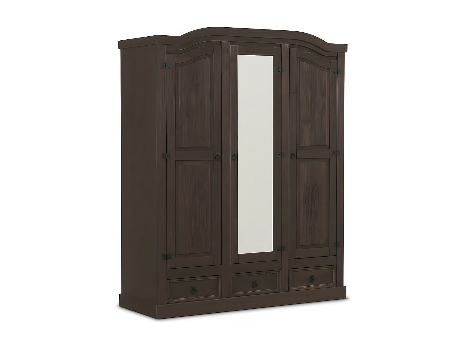 New Mexico Armoire 3 portes avec une porte miroir, 2 portes lambrissées et 3 tiroirs, finition ciré en style colonial.