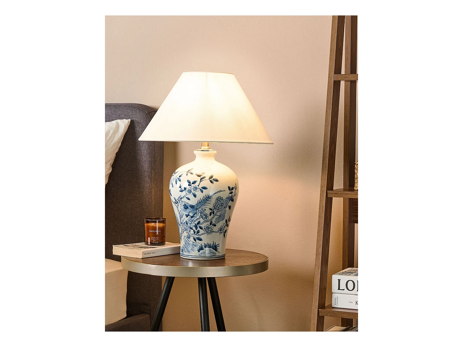 Tischlampe Porzellan blau / weiß Vasenform mit Stoffschirm Kegelform Magros